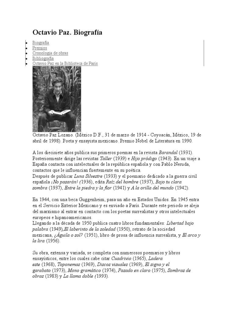 Biografía de Octavio Paz: Vida y Obras | PDF | Clásicos