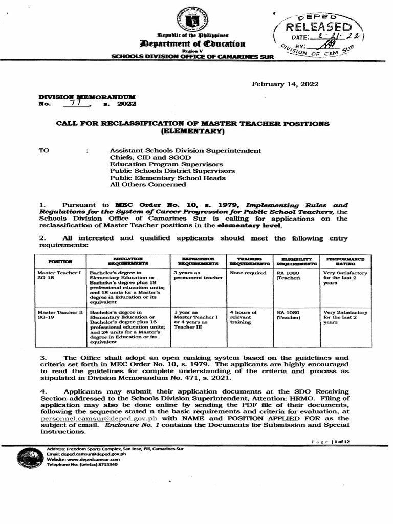 Reclassification Call for Master Teachers | PDF | Teachers | Curriculum
