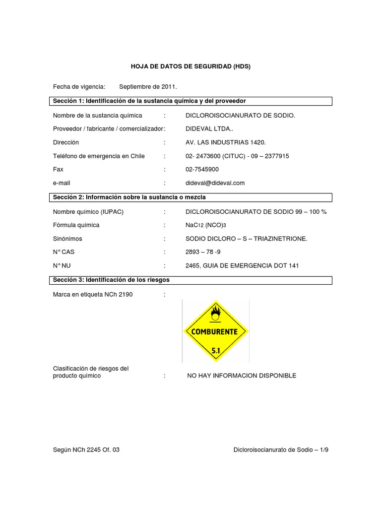 HDS Dicloroisocianurato de Sodio PDF Agua Amoníaco