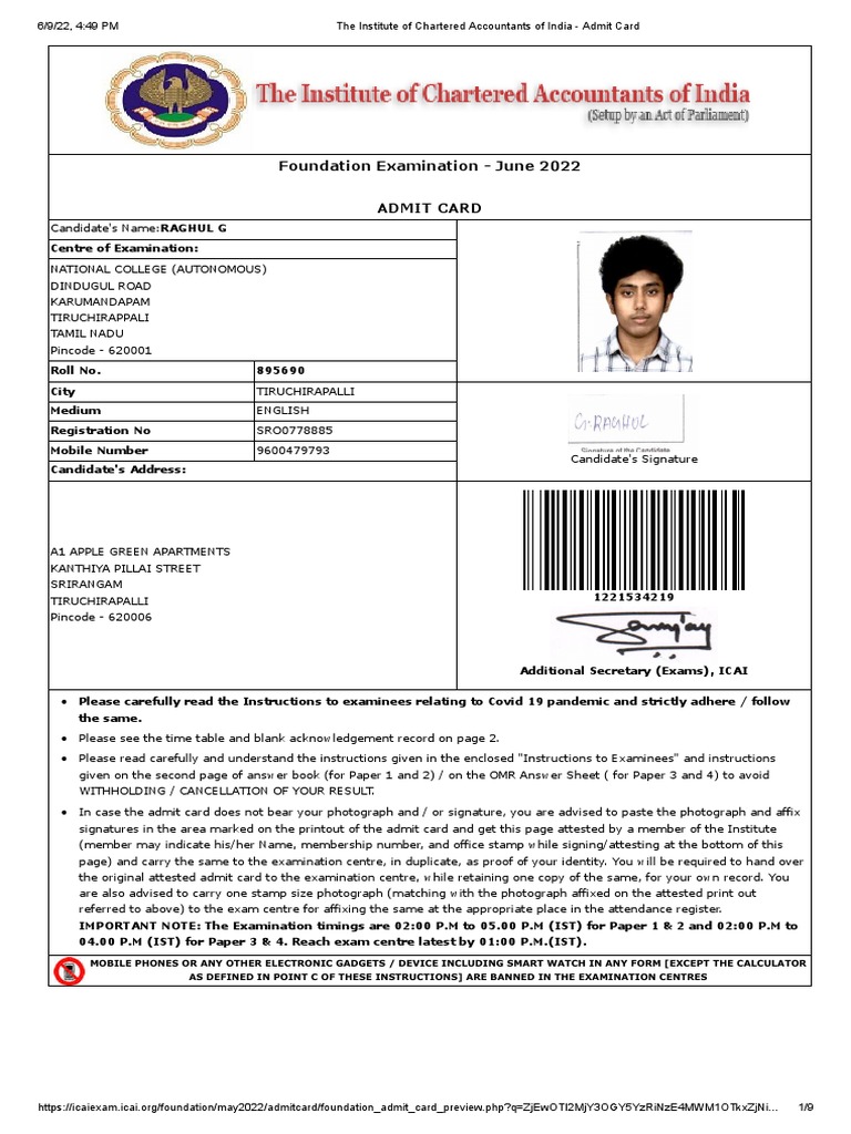 The Institute of Chartered Accountants of India Admit Card PDF
