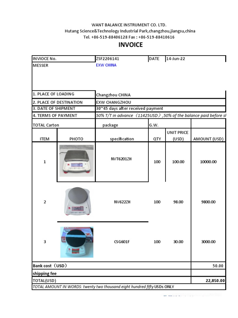Invoice: 50% T/T in Advance 11425USD, 50% of The Balance Paid Before ...