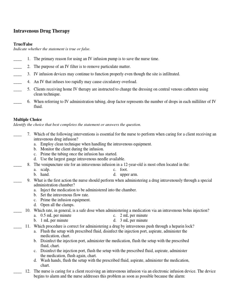 Intravenous Drug Therapy Quiz PDF Intravenous Therapy Health Care