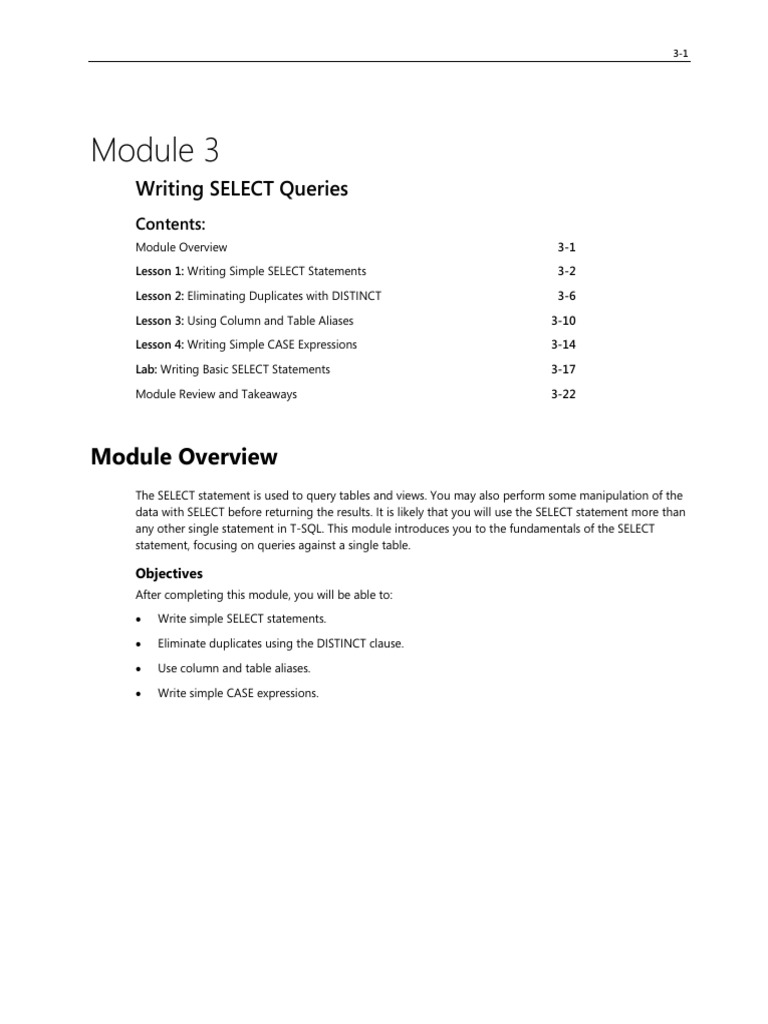 Writing SELECT Queries: Module Overview | PDF | Microsoft Sql Server ...