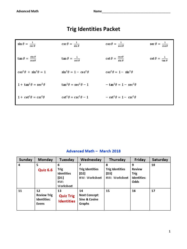 Advanced Trigonometric Identities Packet | PDF | Trigonometric ...