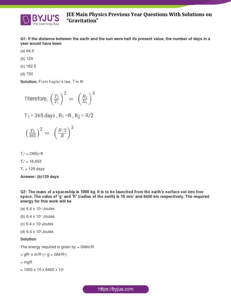 JEE Main Gravitation PYQs with Solutions | PDF | Orbit | Gravity