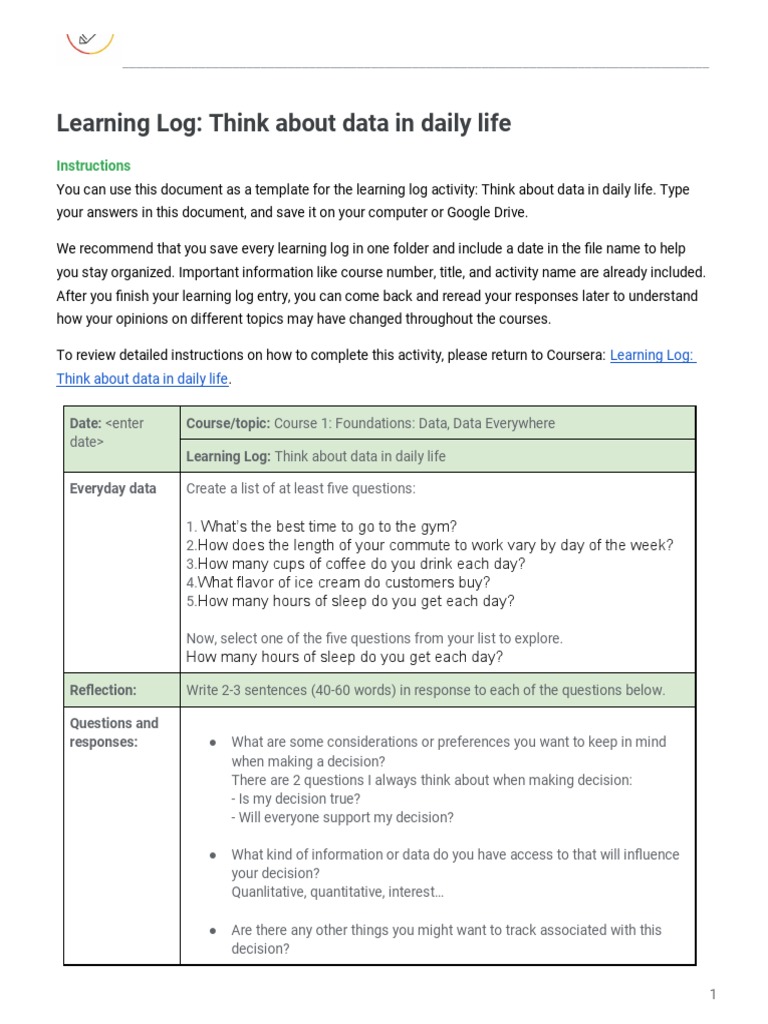 Learning Log Template_ Think about data in daily life | PDF | Data ...