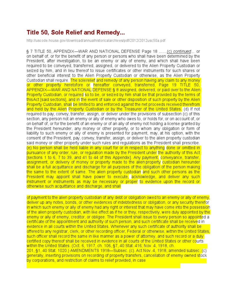 Title 50 Sole Relief & Remedy One Page Excerpt PDF Debt Business Law