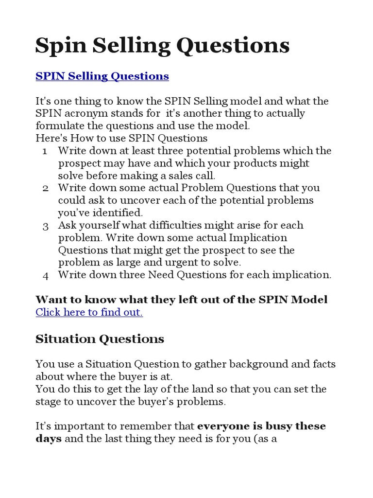 Spin Selling Questions | PDF | Sales | Turnover (Employment)