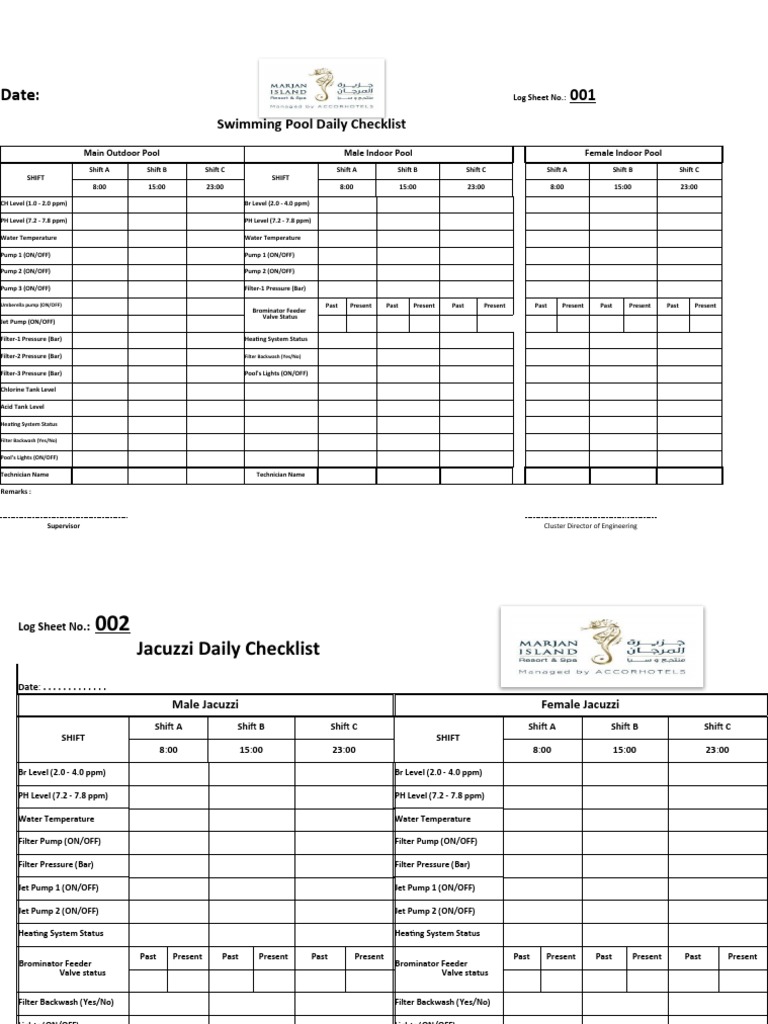 Daily Swimming Pool Maintenance Log | PDF | Swimming Pool | Pump