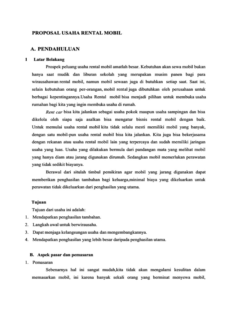 Proposal Usaha Rental Mobil Di Bogor | PDF