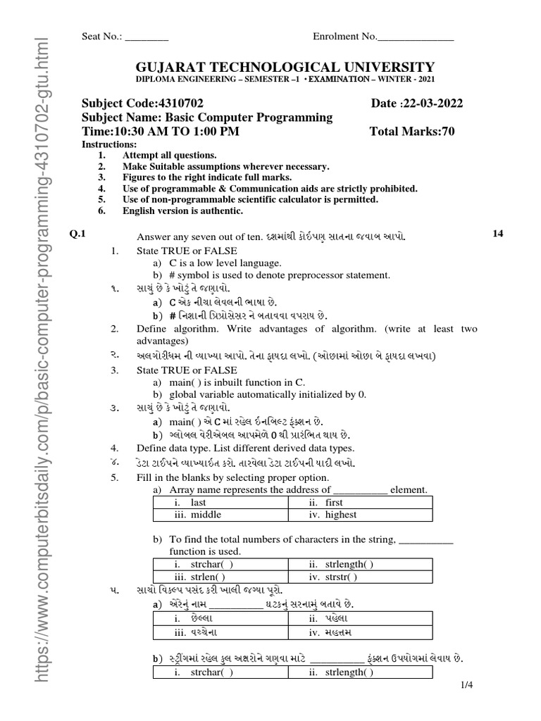 Basic Computer Programming - GTU Exam Question Paper Winter 2021 | PDF