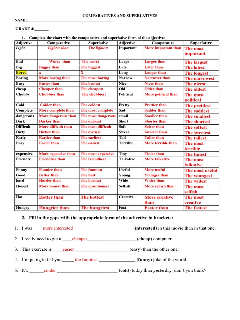 Comparative and Superlative Adjectives Worksheet (Answer Key) | PDF | Language Arts & Discipline | Foreign Language Studies for Free Printable Comparative And Superlative Worksheets