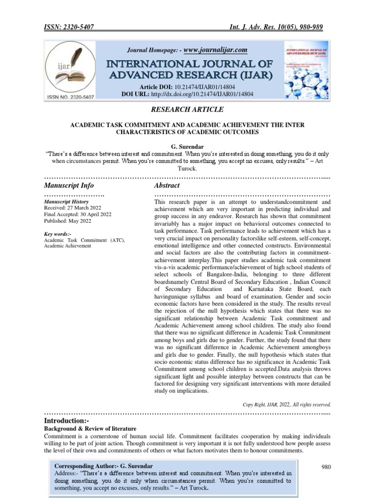 Academic Task Commitment and Academic Achievement The Inter ...