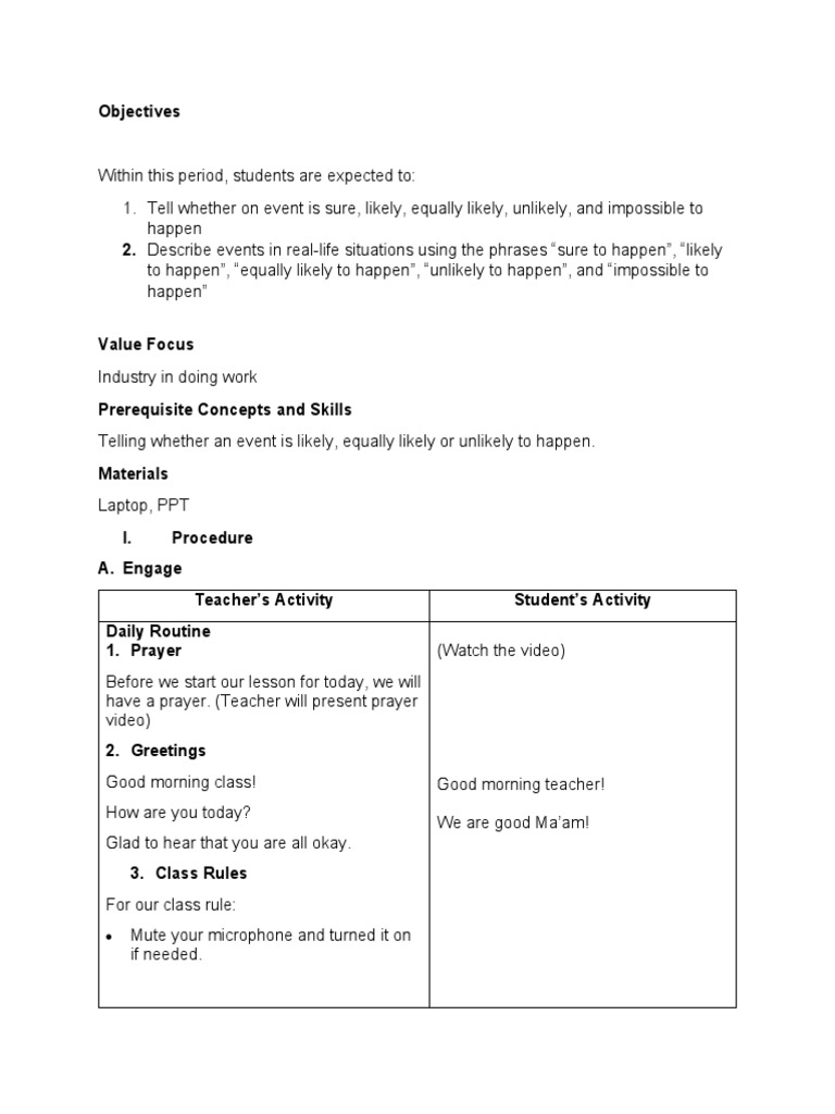 Grade 1 Probability Lesson Plan | PDF | Behavior Modification | Cognition