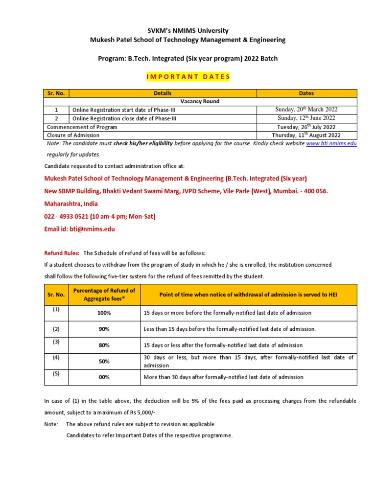 B Tech Integrated - Imp Dates Phase-331522 | PDF