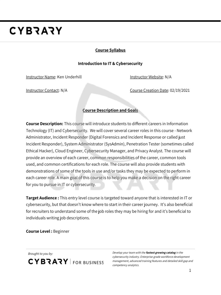 Intro to IT Cybersecurity 2021 Syllabus and Outline | PDF | Security