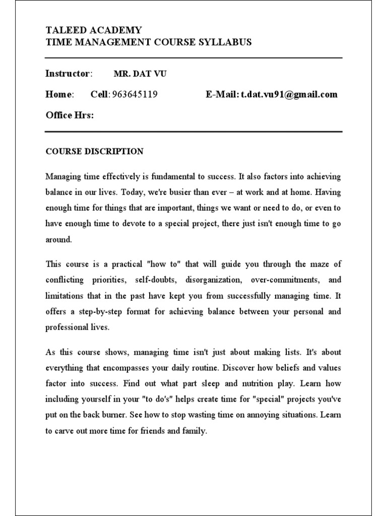 Time Management Course Syllabus | PDF | Career & Growth | Self-Improvement