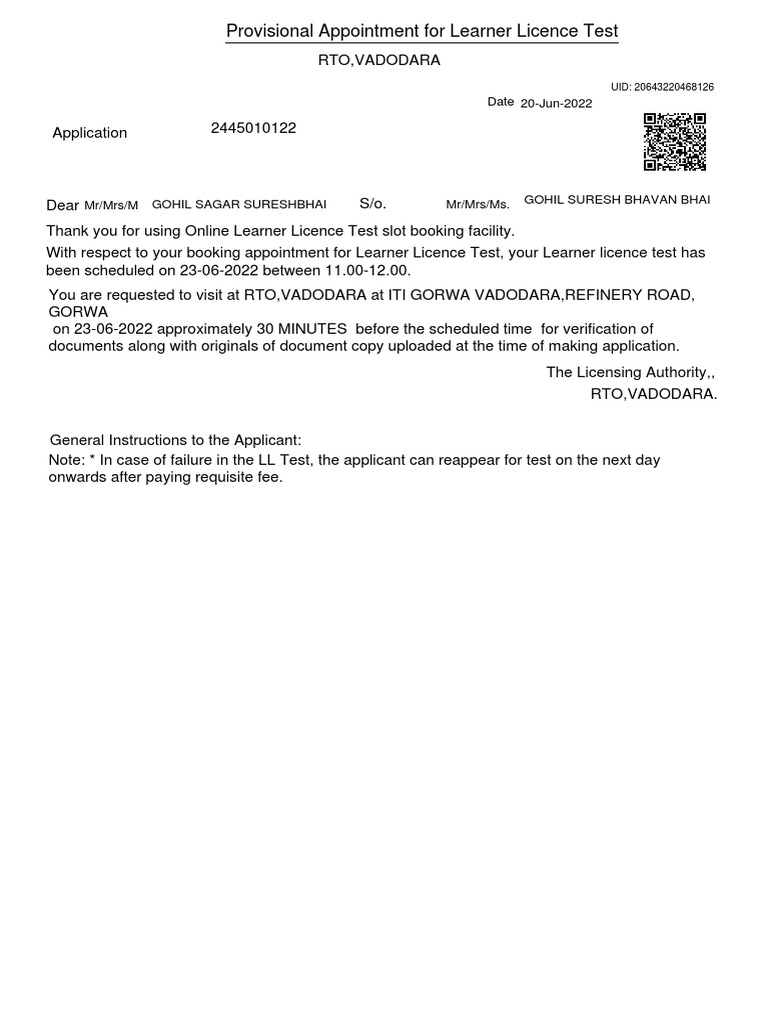 Learner Licence Test Appointment Notice | PDF | Finance & Money Management