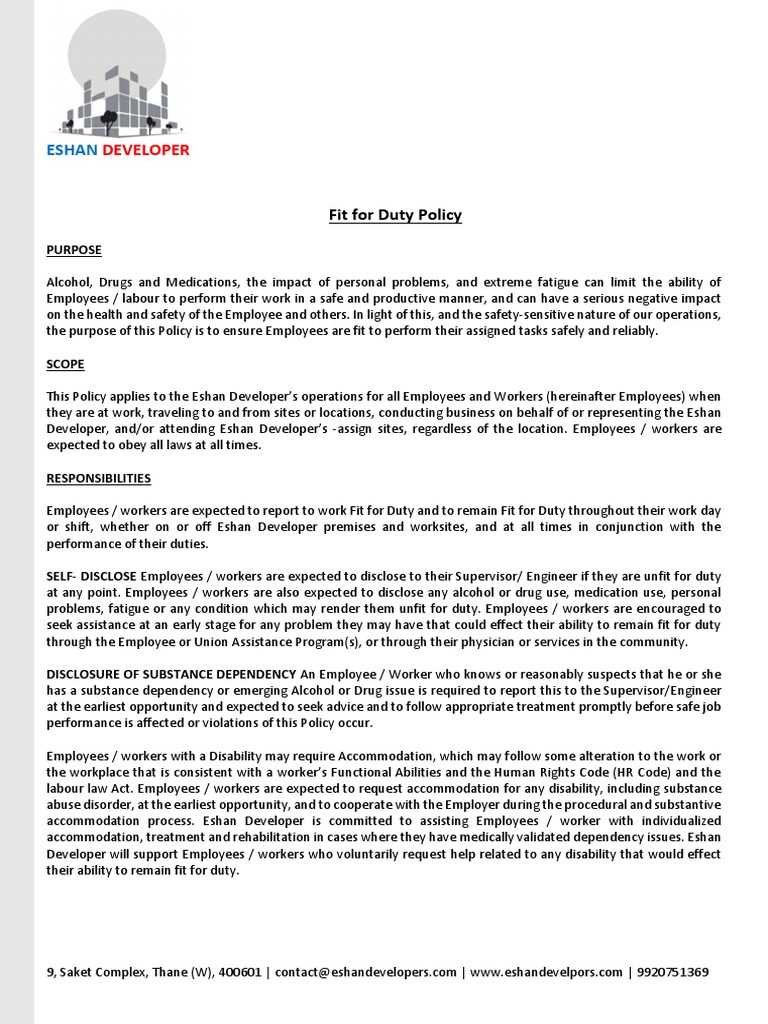 Fit For Duty Policy PDF Employment Substance Abuse