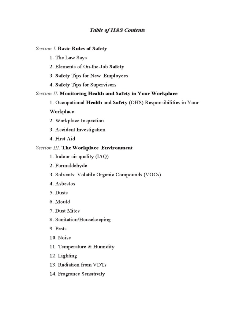 Section I. Basic Rules of Safety Table of H&S Contents PDF Occupational Safety And Health