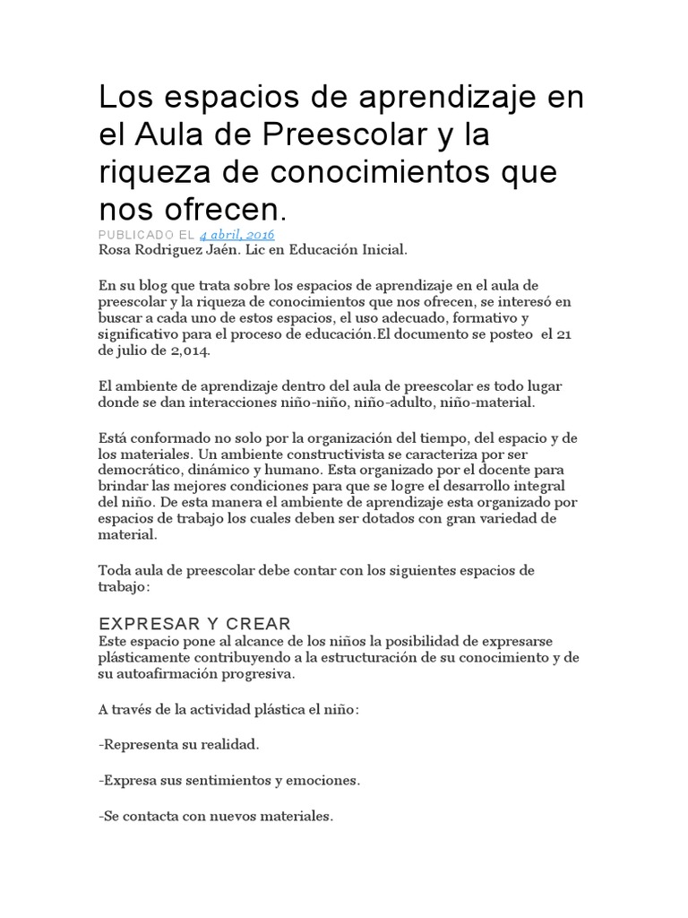 Espacios de Aprendizaje en Preescolar | PDF | Educación de la primera ...