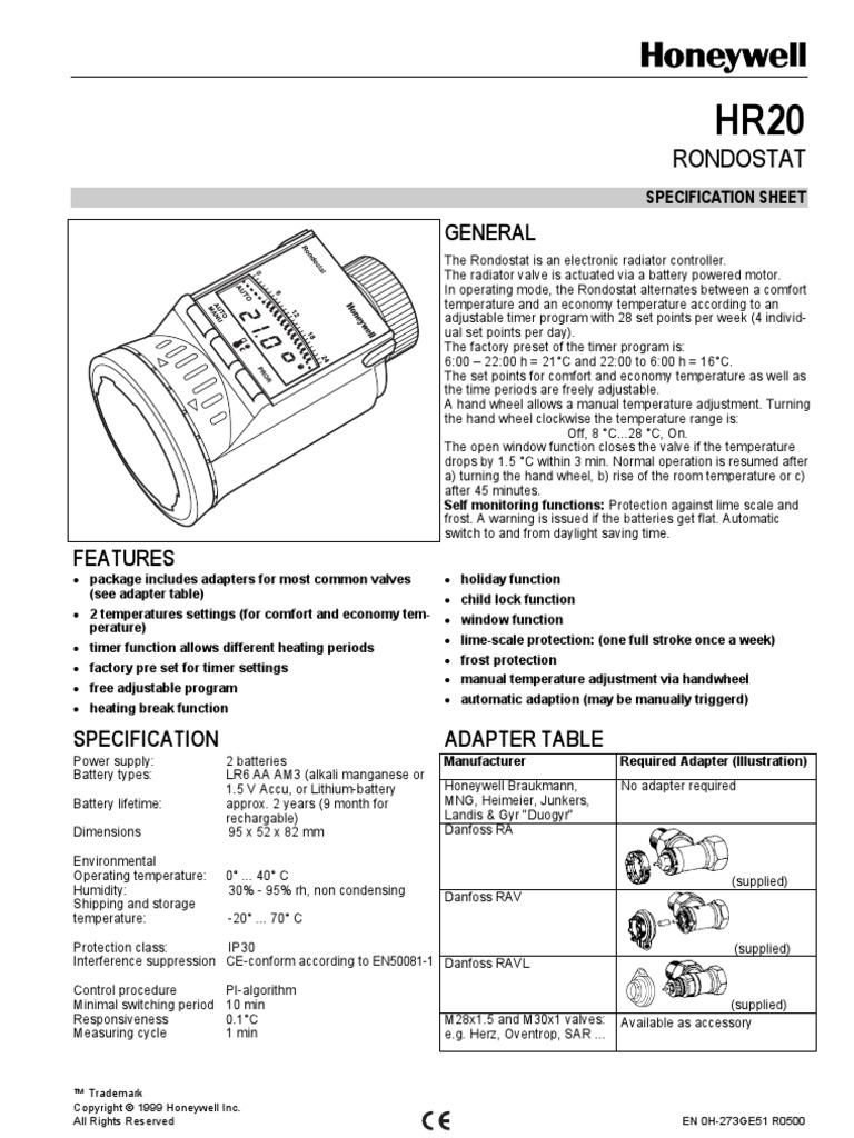Honeywell Rondostat Hr20 Spesification Temperature Equipment