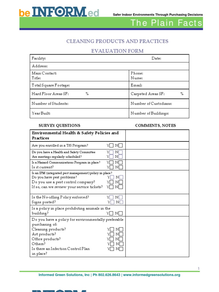Cleaning Products and Practices Evaluation Form Disinfectant Vacuum