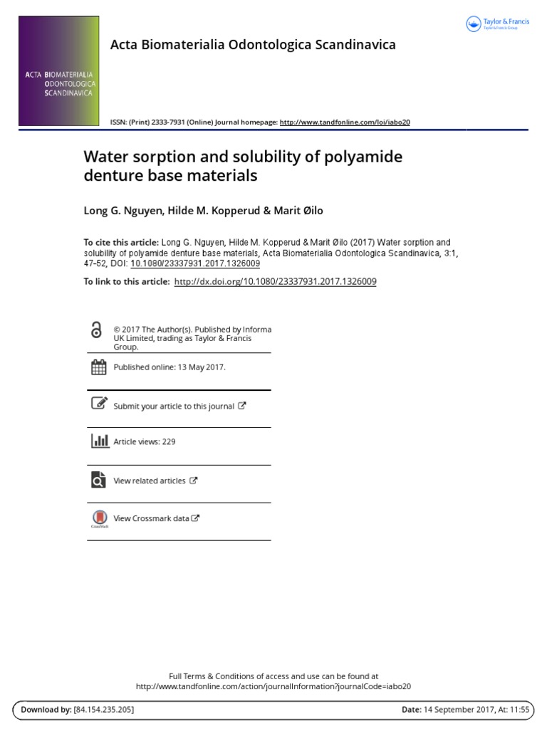 Water Sorption and Solubility of Polyamide Denture Base Materials PDF