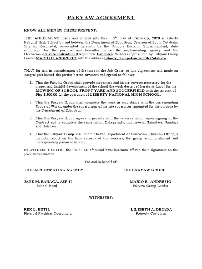 Pakyaw Agreement PDF Labor