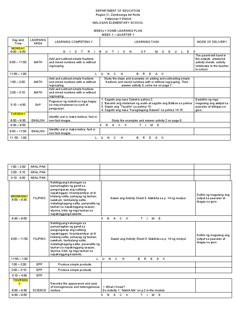 Weekly Home Learning Plan 2 PDF