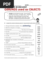 Gerunds Used As Objects: Grammar Worksheet