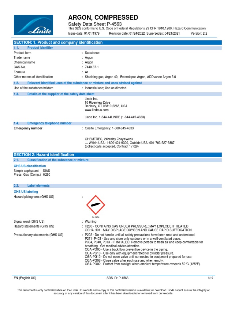 Argon Gas Ar Safety Data Sheet Sds p4563 PDF Firefighting Workplace