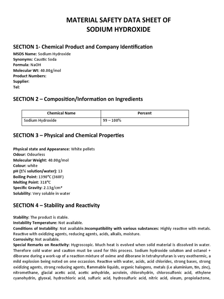 Sodium Hydroxide MSDS Overview | PDF | Sodium Hydroxide | Physical Sciences