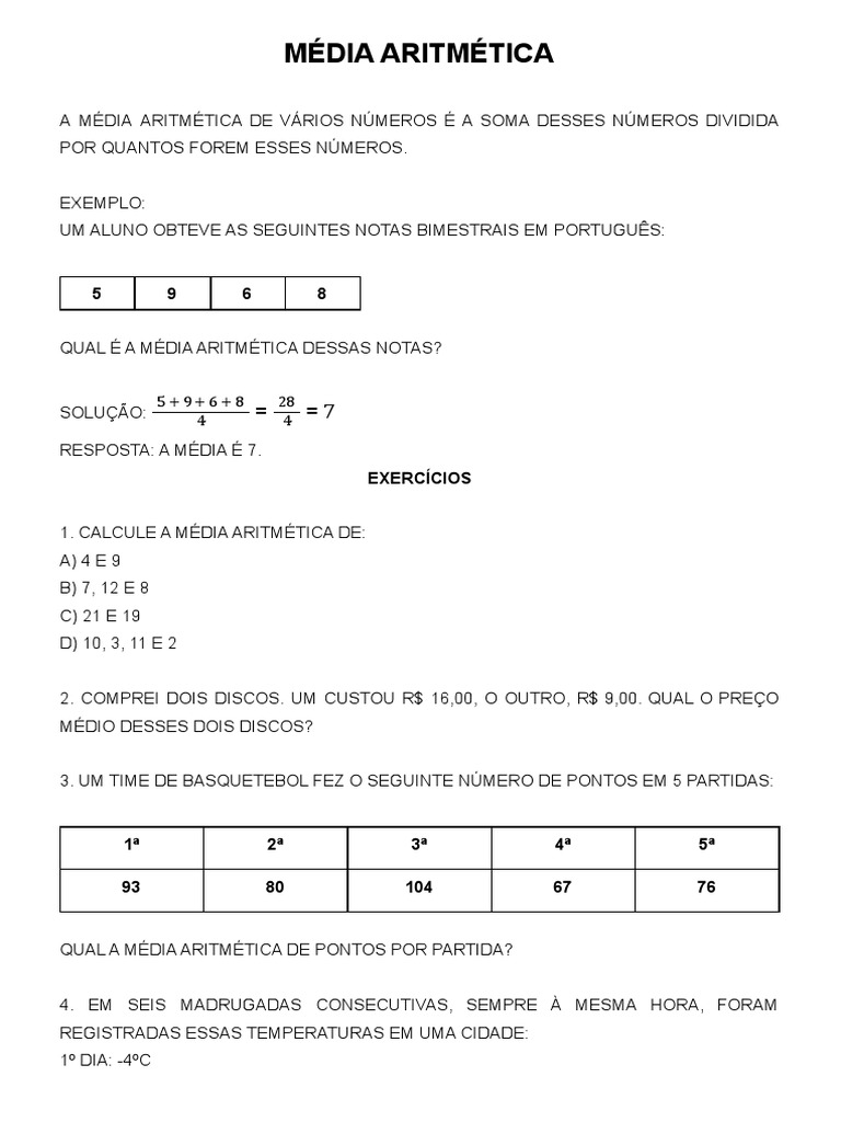 Exercícios de Média Aritmética | PDF