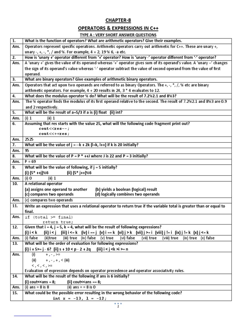 CLASS XI Operators - and - Expressions | PDF | Integer (Computer ...