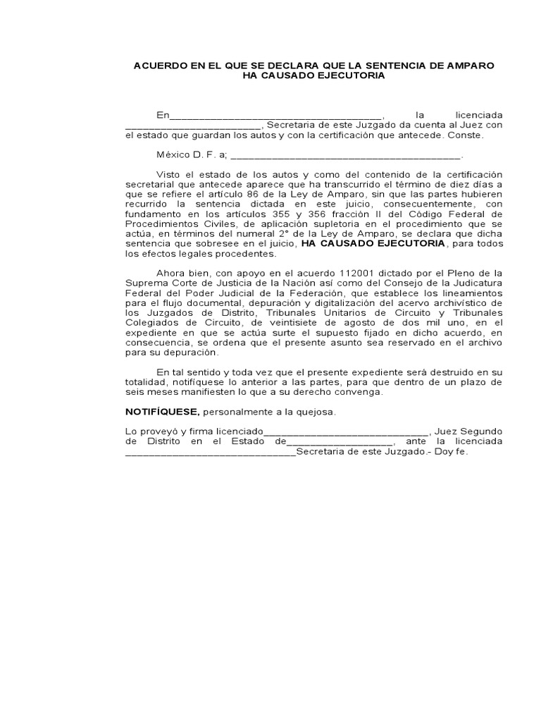 Acuerdo en El Que Se Declara Que La Sentencia de Amparo Ha C | PDF