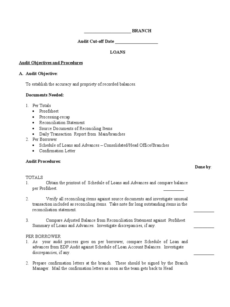 Branch Audit CutOff Date Loans Audit Objectives and Procedures A. Audit Objective PDF