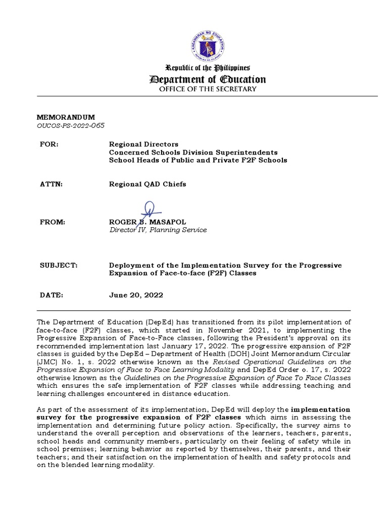 F2F Classes Implementation Survey Memo | PDF | Cognition