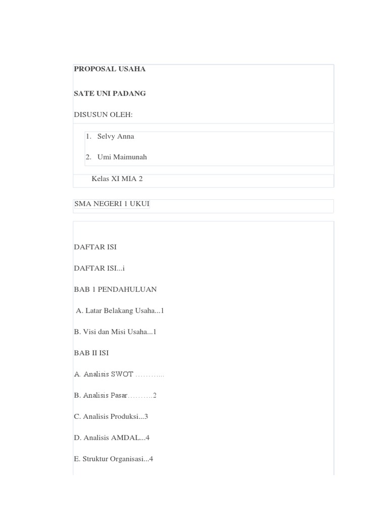 Proposal Usaha Sate Uni Padang | PDF | Bisnis | Memasak, Makanan, & Anggur