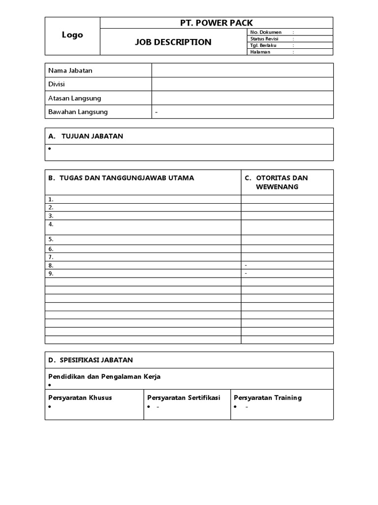 Contoh Format Job Description Karyawan | PDF