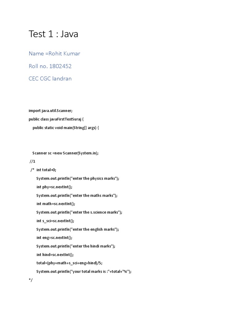 Test 1: Java: Name Rohit Kumar Roll No. 1802452 CEC CGC Landran | PDF ...
