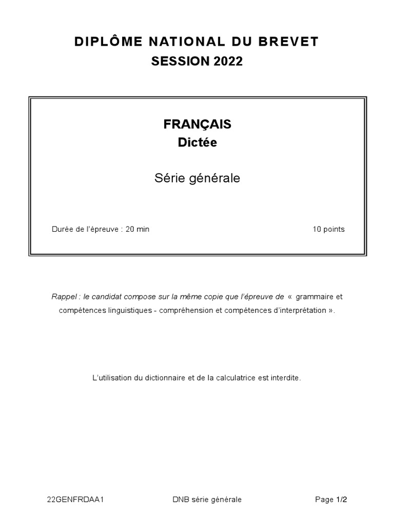 Sujet Brevet 2021 Français Corrigé Brevet Francais Dictée Asie | PDF
