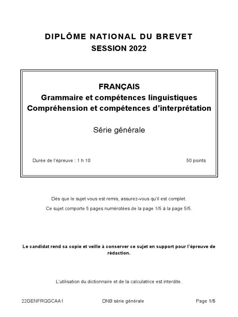 Correction Brevet Francais 2023 Pro Brevet Francais Grammaire Et Compréhension Asie | PDF