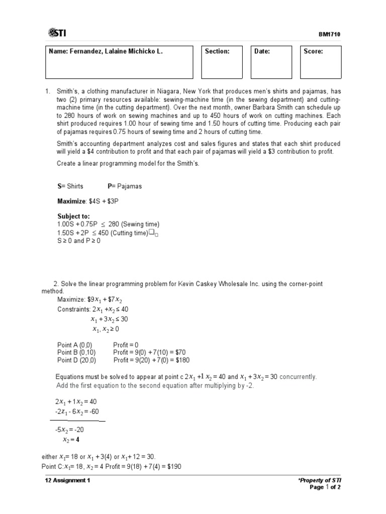 Linear Programming Model for Clothing Production | PDF | Mathematical ...