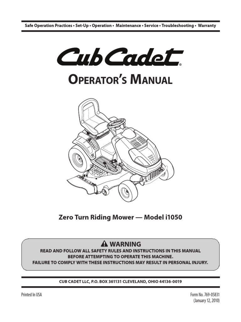 Cub Cadet I1050 Zero Turn Riding Mower Operators Manual EN PDF Tractor Gasoline