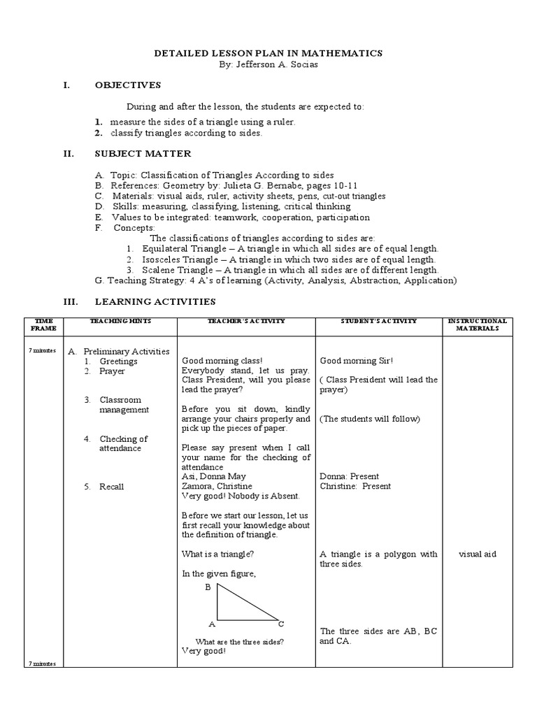 Detailed Lesson Plan in Mathematics PDF Triangle Lesson Plan