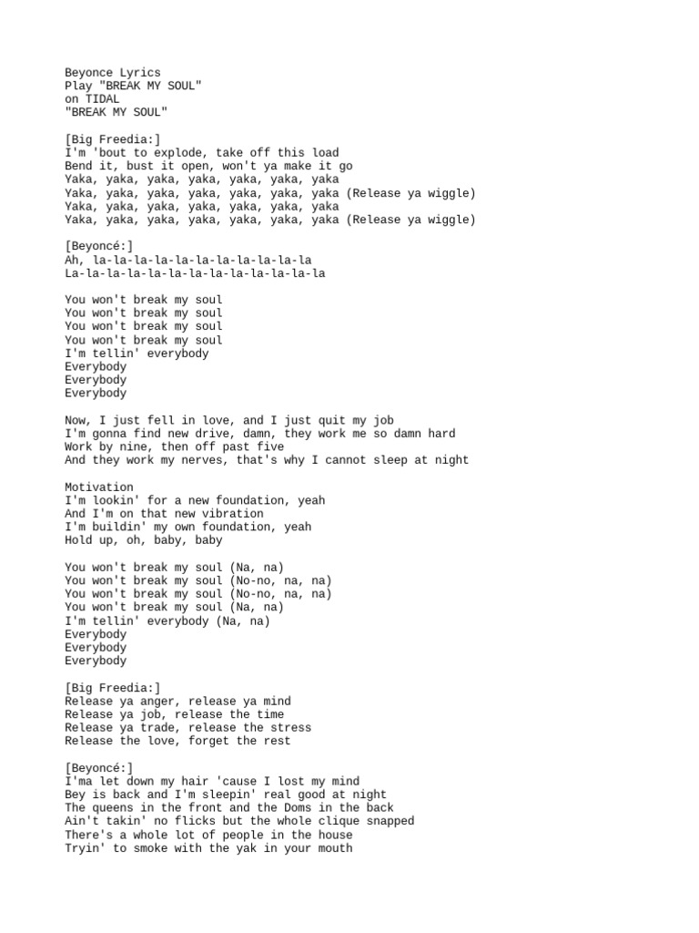 Beyonce Break My Soul Lyrics PDF Beyoncé