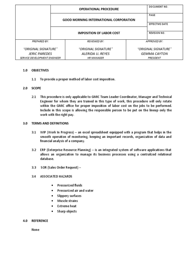 Labor Charges Procedure PDF Enterprise Resource Planning Business