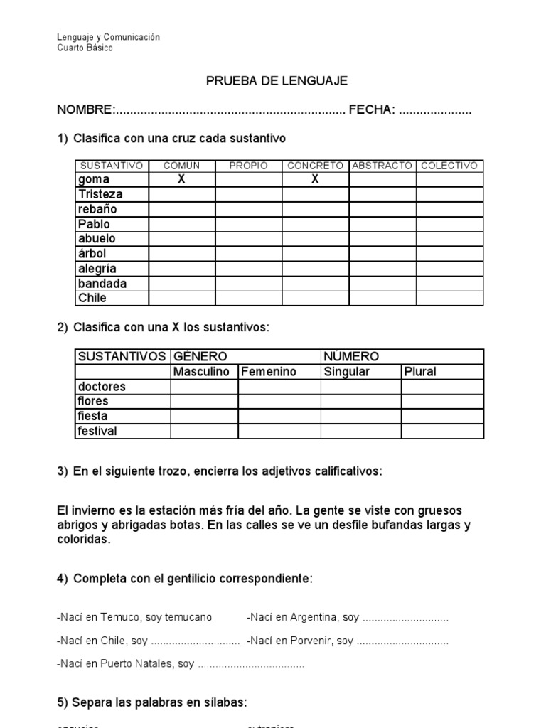 Prueba de Lenguaje 4to