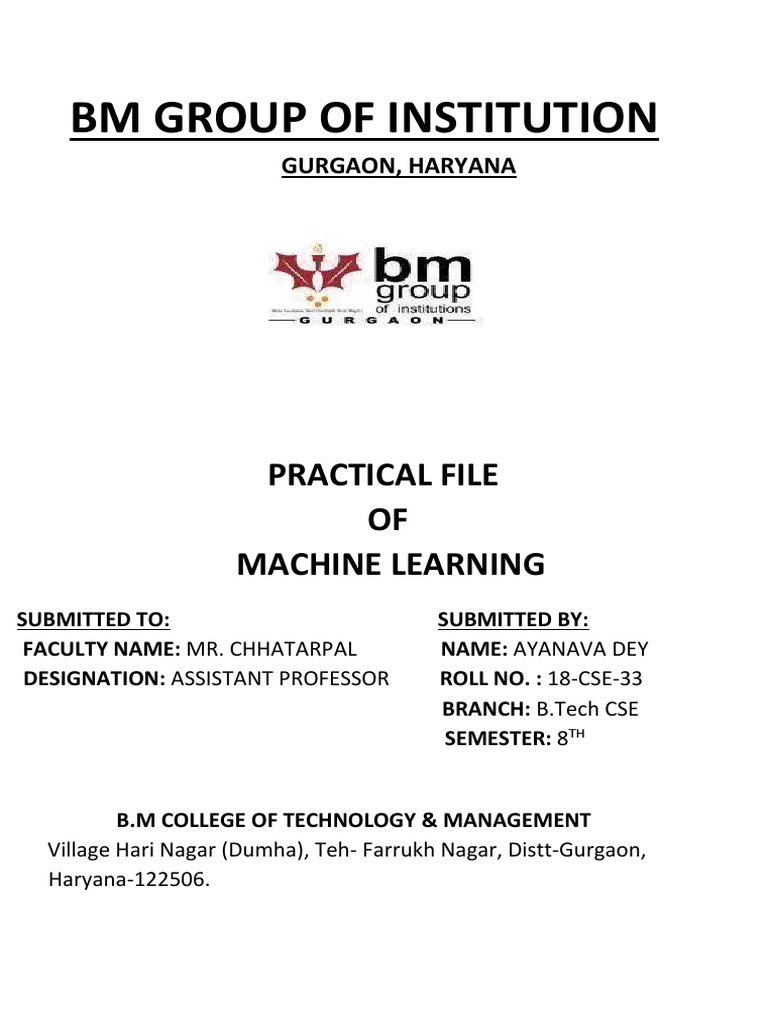 BM Group of Institution: Practical File OF Machine Learning | PDF